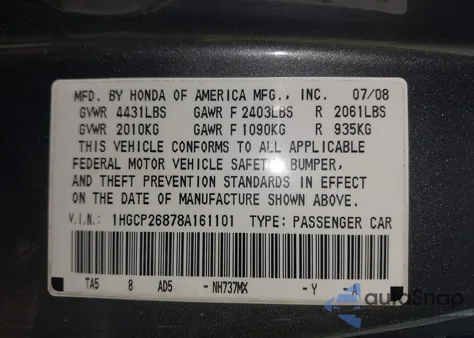 2008 Honda Accord 2.4 Ex-L z USA, uszkodzony, nr VIN 1HGCP26878A161101